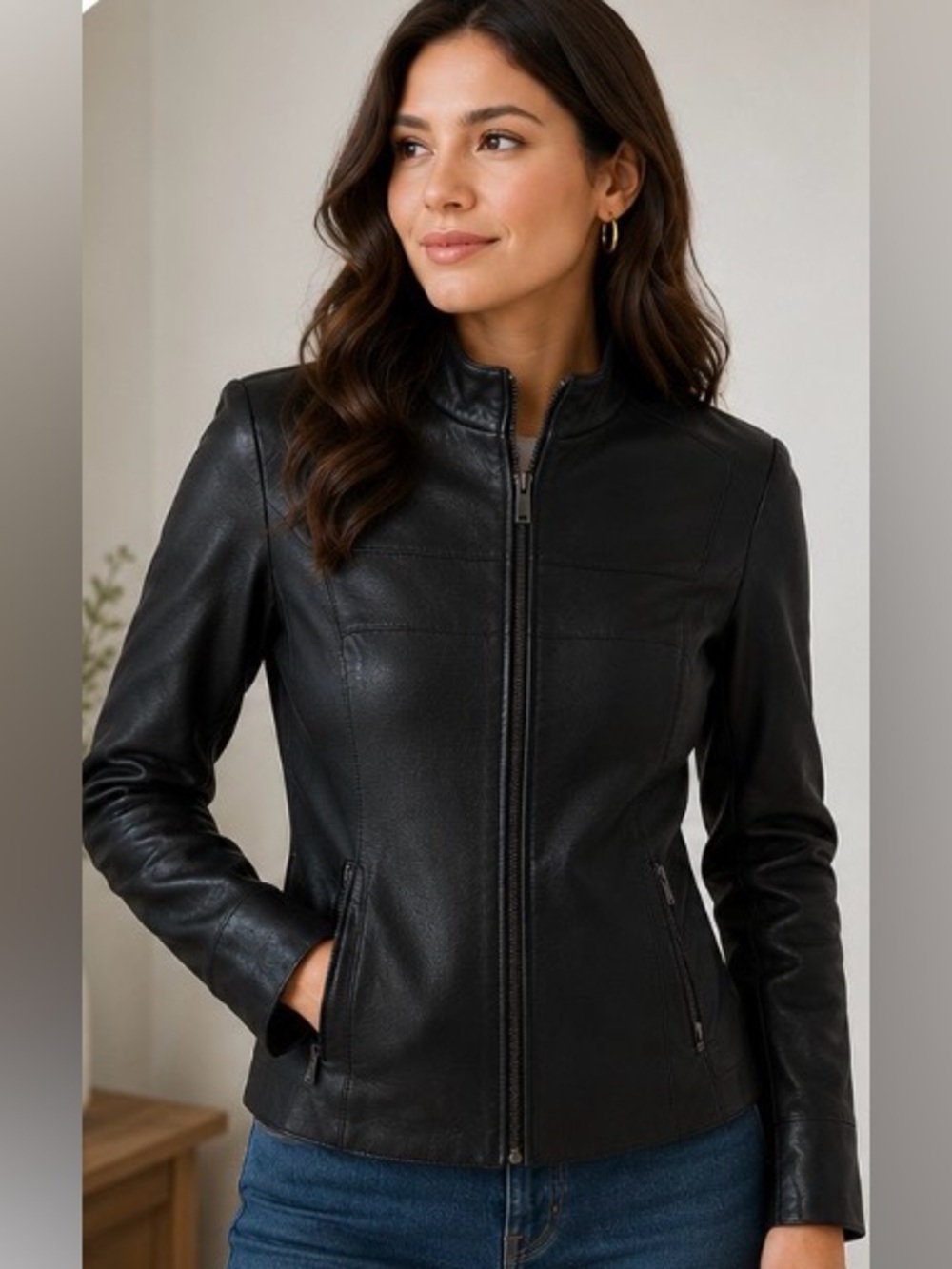Calvin Klein Genuine Leather Jacket Black Women's Small Zip Front